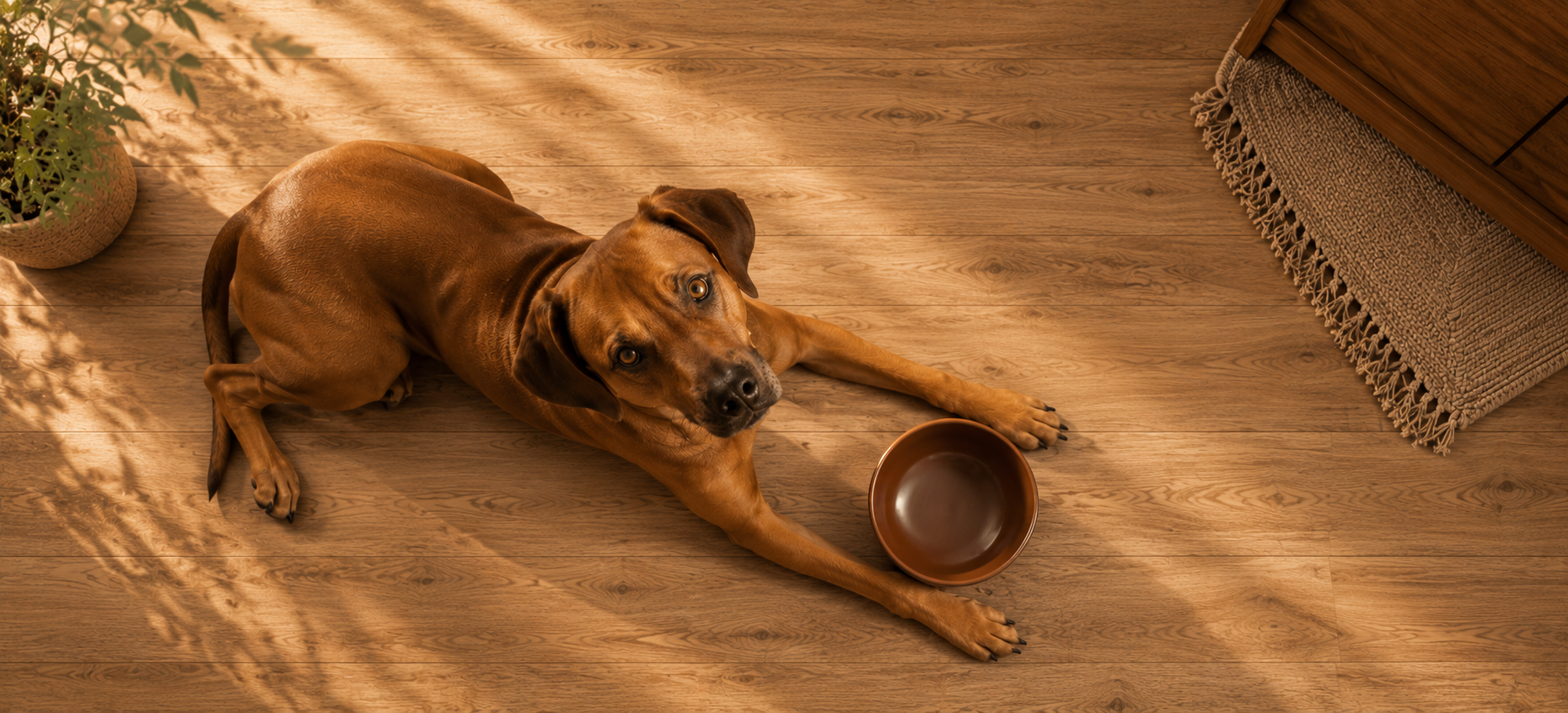 dog is waiting for the food in his dog dish
